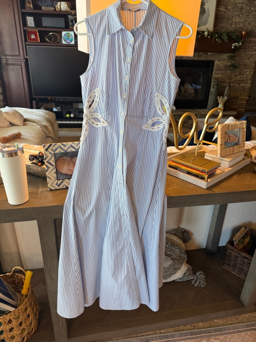 Sandro Paris Blue & White Stripe Midi Shirt Dress | Floral Beaded Appliqué